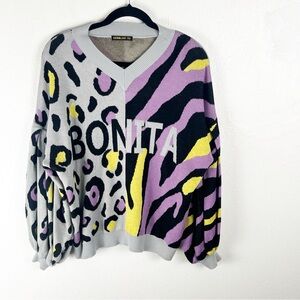 DENIMLAND Bonita Animal Print Dropped Shoulders Balloon Sleeves Sweater One Size